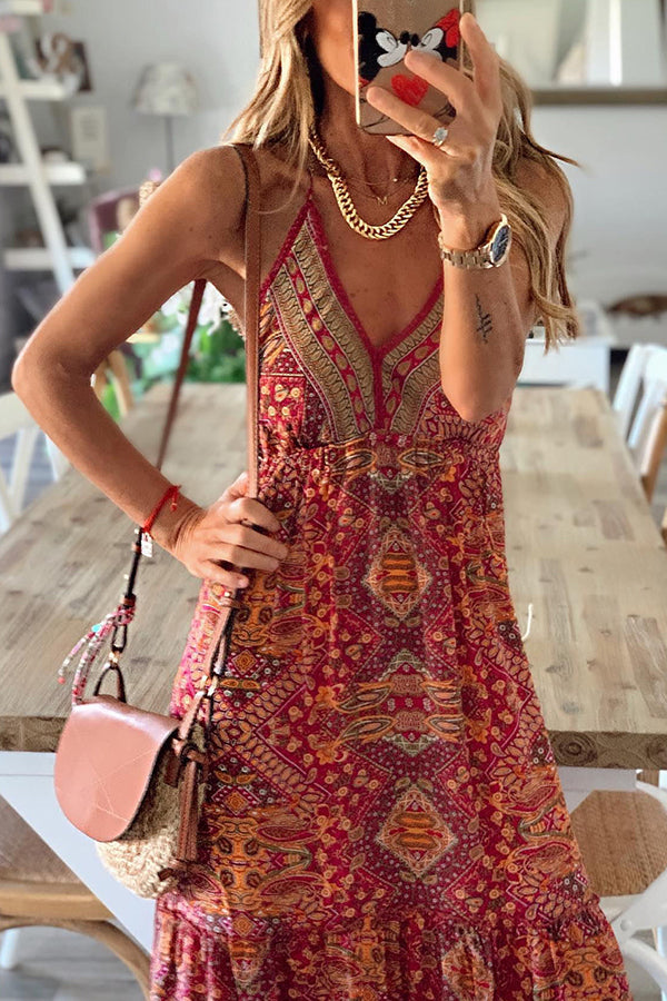 Celeste Boho Printed Strap Elastic Waist Maxi Dresses