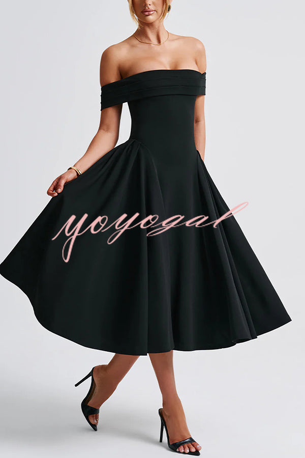 Princess Temperament Batdot Neck Pleat Detail Midi Dress