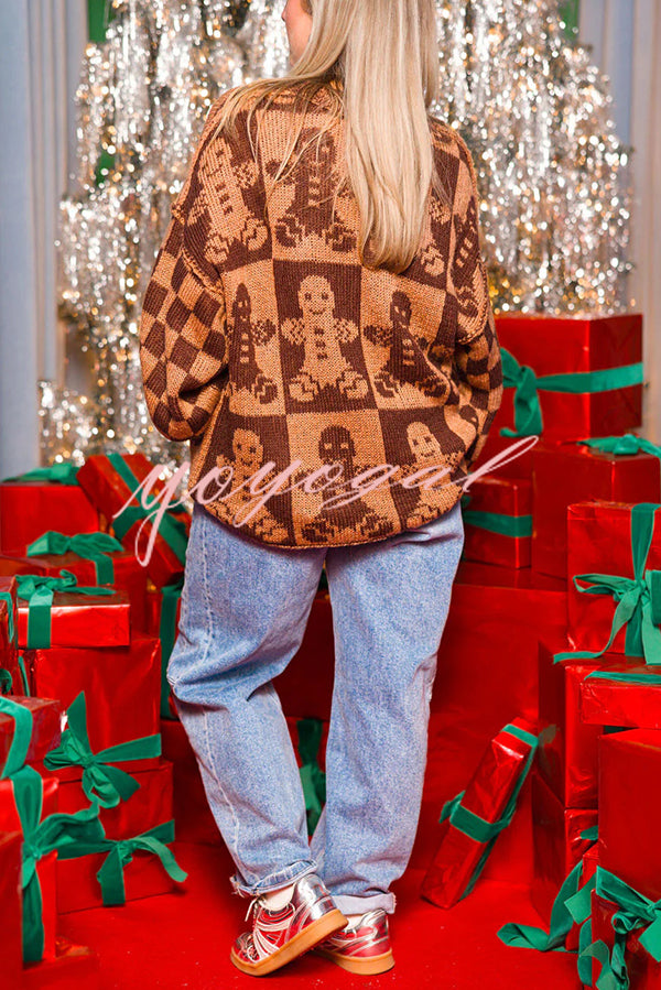 Christmas Gingerbread Man Round Neck Long Sleeve Loose Knit Sweater