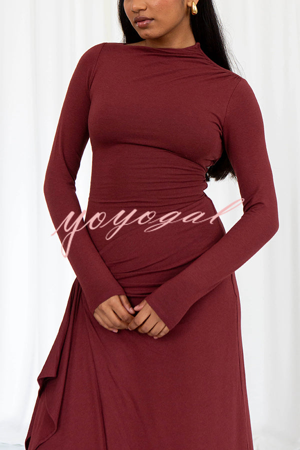 Venus Long Sleeve Ruched Side Slit Drape Ruffles Back Lace-up Stretch Maxi Dress