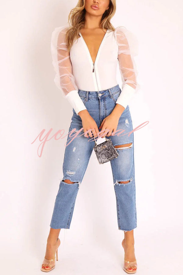 Solid Color Zip Front Sheer Puff Sleeves Bodysuit