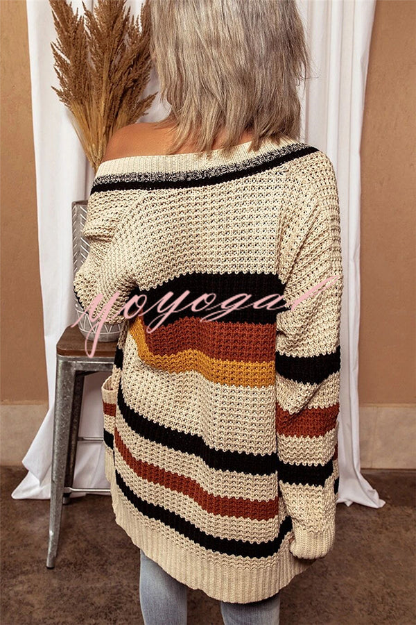 Knitted Striped Printed Loose V-neck Long-sleeved Casual Cardigan