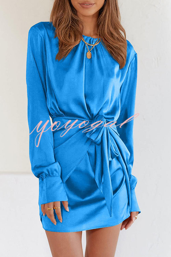 Satin Round Neck Long Sleeve Elastic Tie Mini Dress