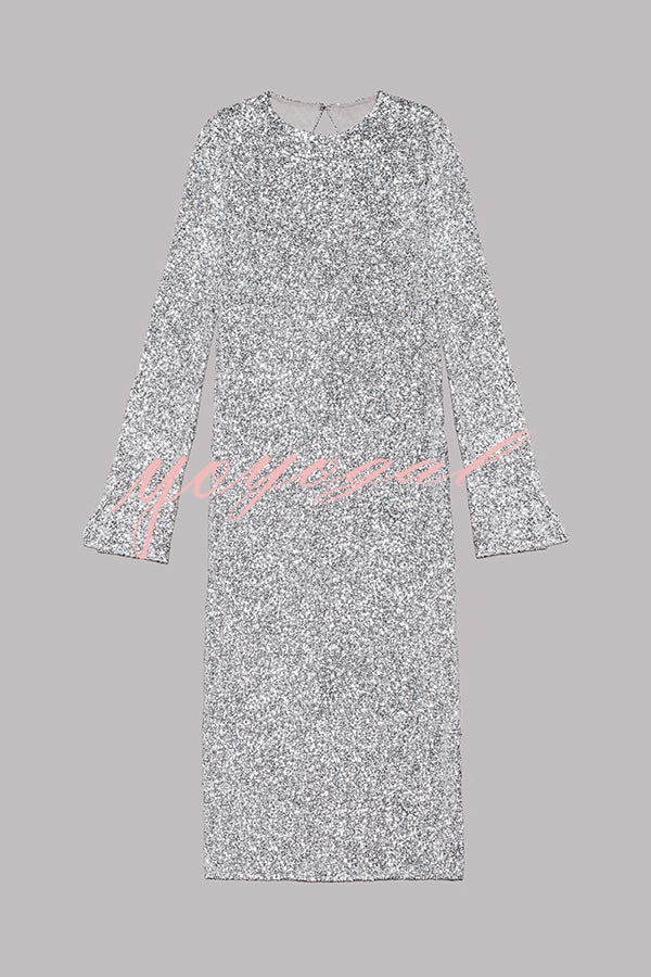 Ignite Sparkly Nights Sequin Extra Long Sleeve Open Back Loose Midi Dress