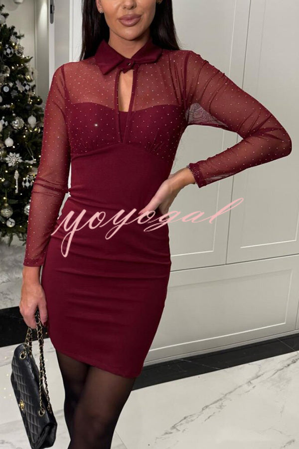 Sexy Energy Mesh Glitter Fabric Cutout Shirt Neck Long Sleeve Stretch Mini Dress