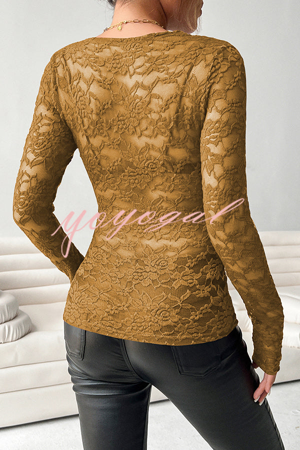 Solid Color Lace V-neck Long-sleeved Slim-fit Top