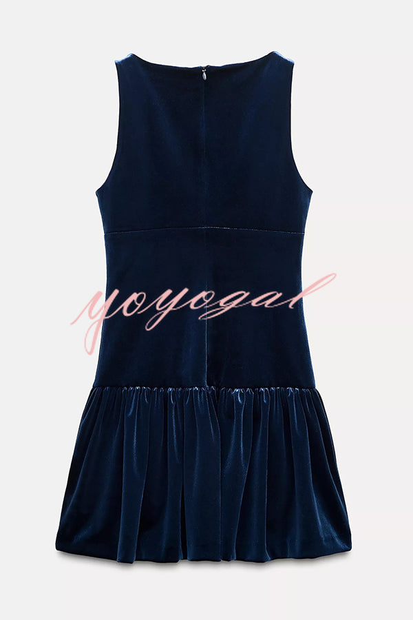 Solid Velvet Bow Embellished Sleeveless Mini Dress