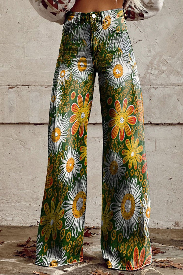 Casual Floral Print Button Pocket Wide Leg Pants