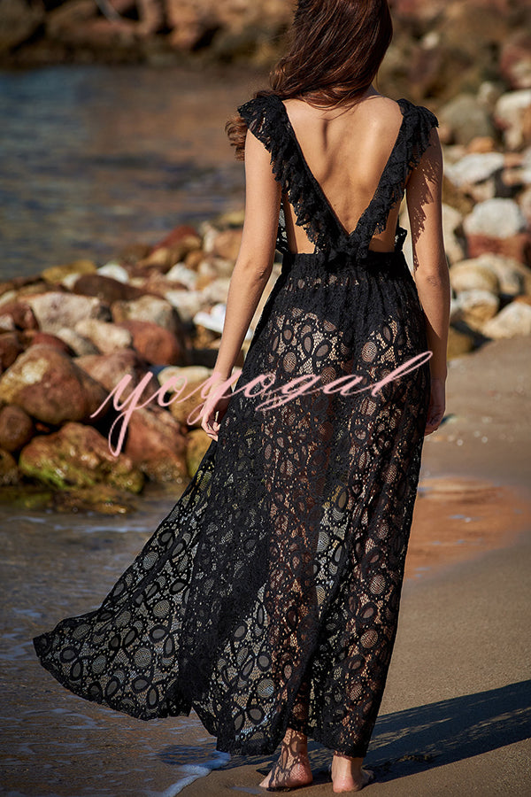 Swimsuit Partner Floral Lace Elastic Waist Back Ruffles Slit Vacation Dress