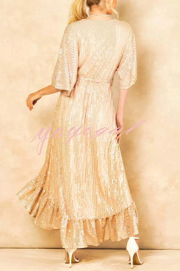 Solid Color Sequined V-neck Waist Tie Loose Maxi Dress