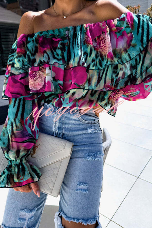 Colorful Botanical Print Sexy Off-shoulder Ruffle Top