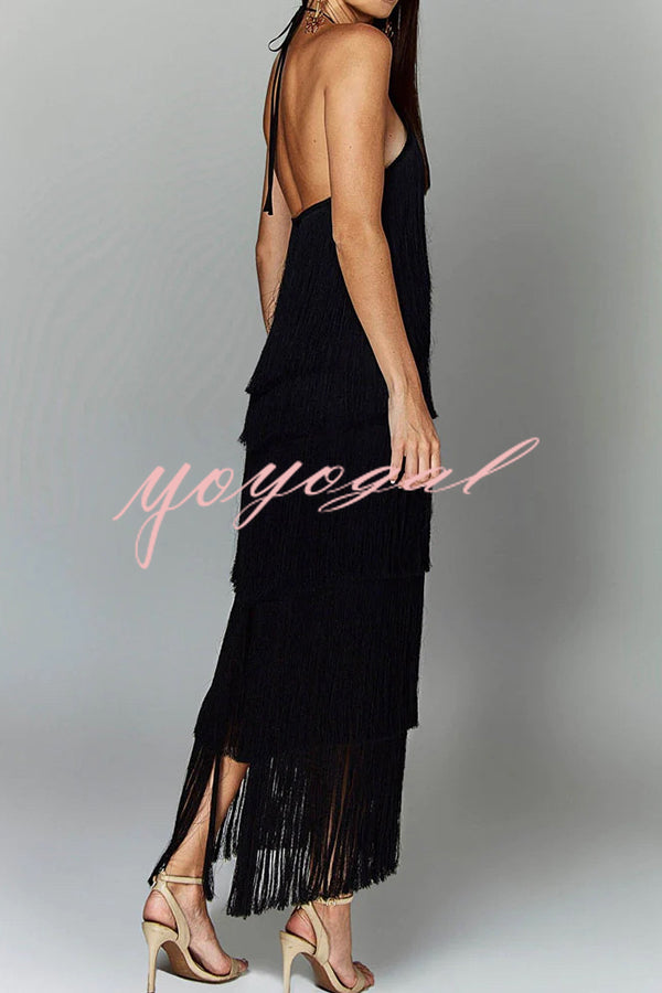 Sexy Halterneck Backless Elegant Fringe Maxi Dress