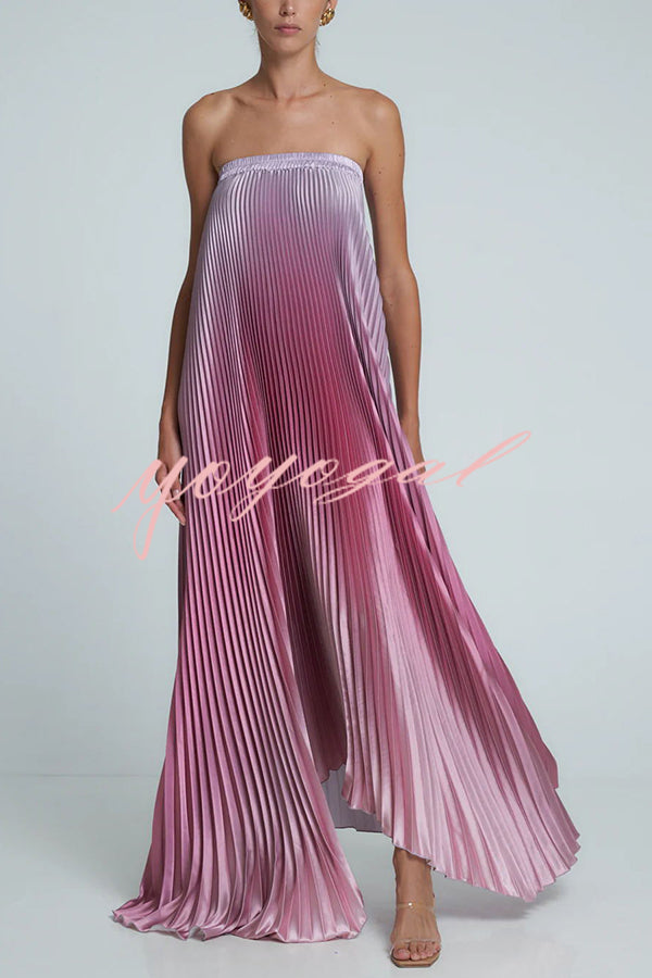 Gorgeous Styling Satin Pleated Elastic Bust Strapless A-line Gown Maxi Dress