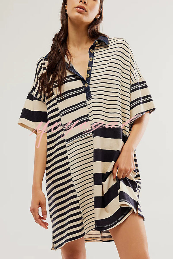 Contrast Striped Patchwork Denim Lapel Loose Casual Mini Dress