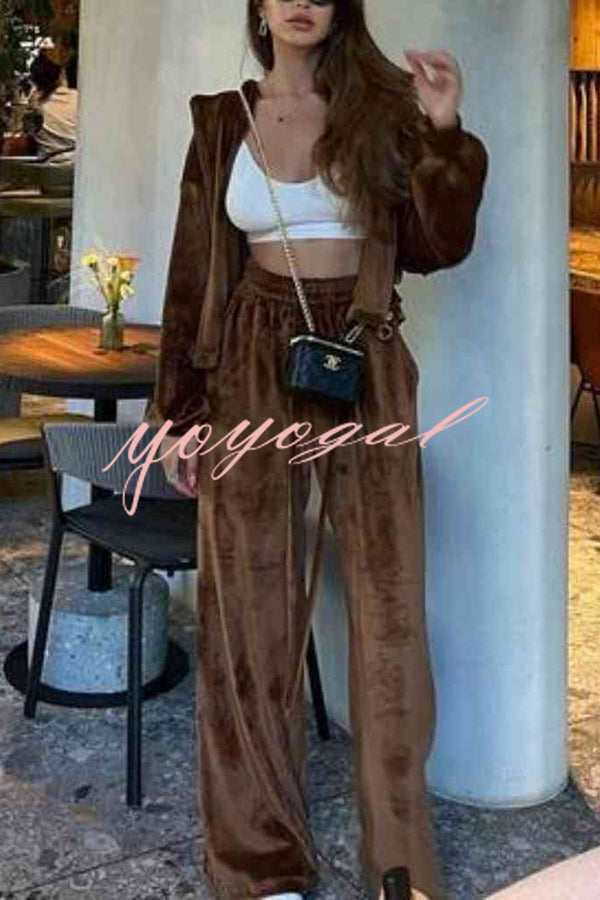 Velvet Casual Zip-up Hooded Top and Elastic Waist Wide Leg Pants Set