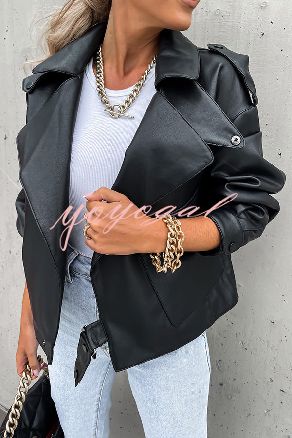 Stylish Leather Lapel Pocket British Style Cropped Jacket