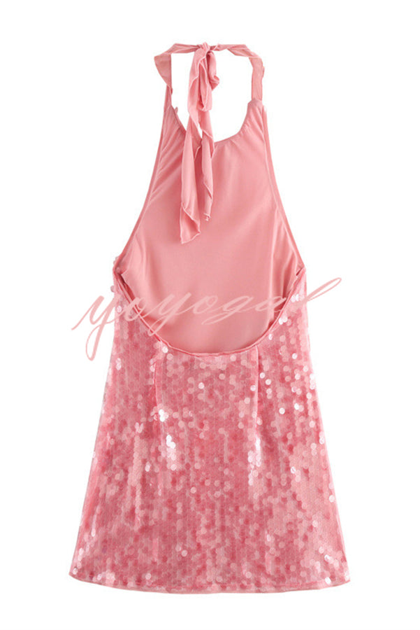 Sexy Rose Disc Sequin Halter Backless Mini Dress