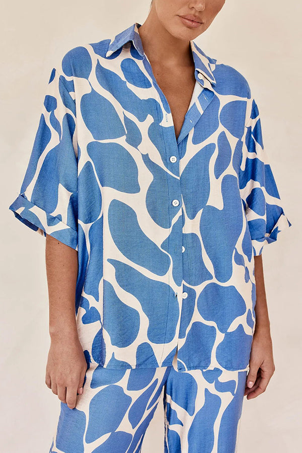 Lazy Beach Days Unique Print Short Sleeve Loose Shirt and Elastic Waist Pants Set