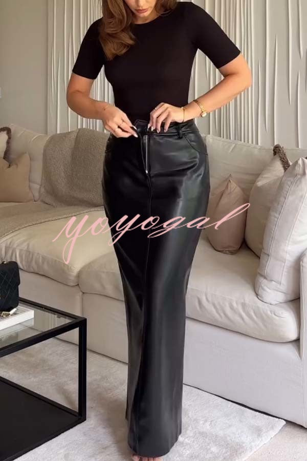 Classic Feel Faux Leather Mid Rise Pocket Slit Stretch Maix Skirt