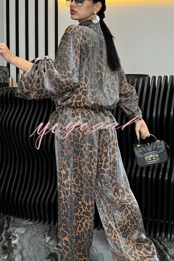 Leopard Print Drawstring Waist Zipper Jacket and Elastic Waist Pocket Loose Pants Set