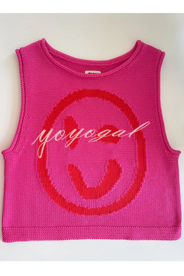 Always Happy Face Knit Unique Pattern Versatile Loose Tank Top