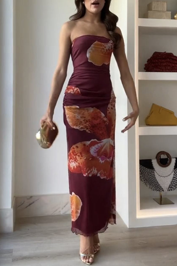 Oh So Sunny Mesh Floral Print Bandeau Stretch Maxi Dress