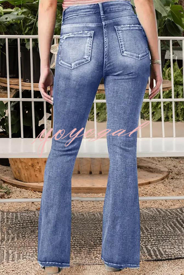 Vintage Side Button Pocket Mid-rise Flared Jeans