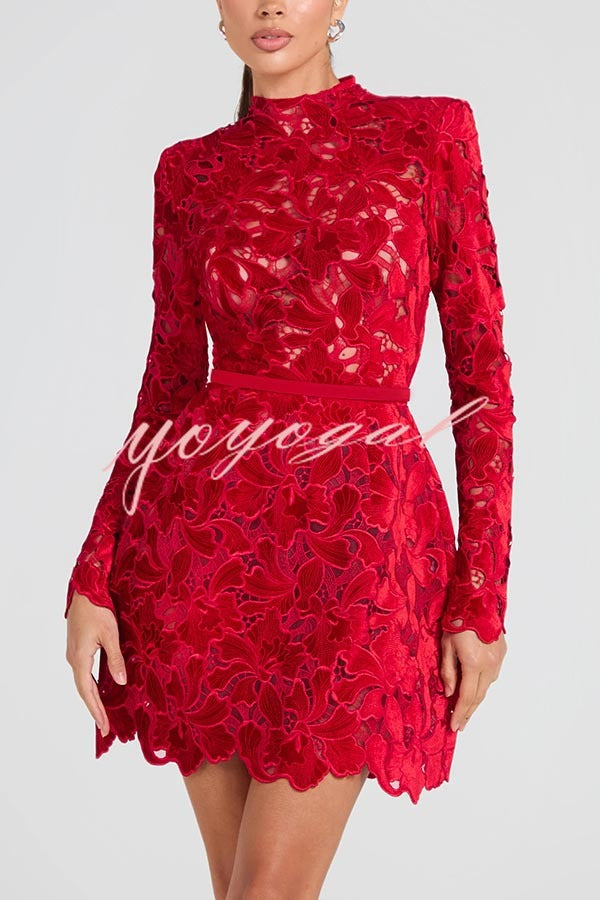 Lydia Embroidered Floral Lace Long Sleeve Belt Tulip Shaped Mini Dress