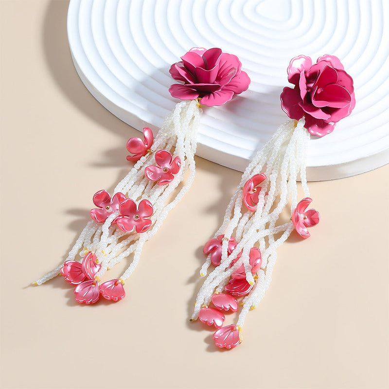 Alloy Lacquered Flower Rice Bead Tassel Earrings