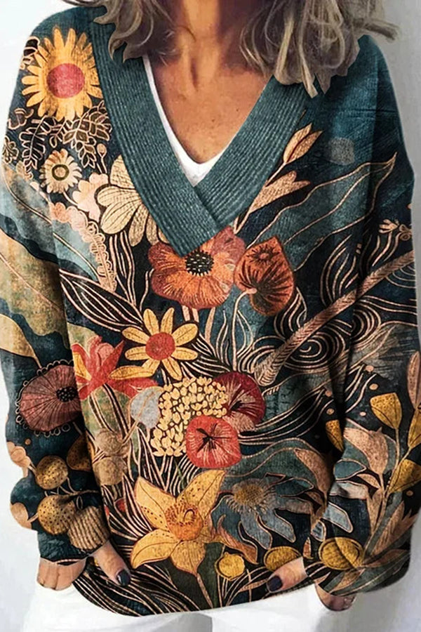 Unique Printed V-Neck Long Sleeve Loose Casual Sweater