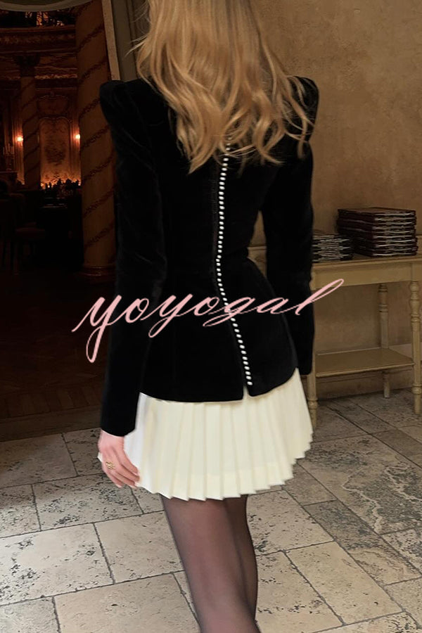 Netta Velvet Square Neck Long Sleeve Back Pearl Detail Pleated Mini Dress