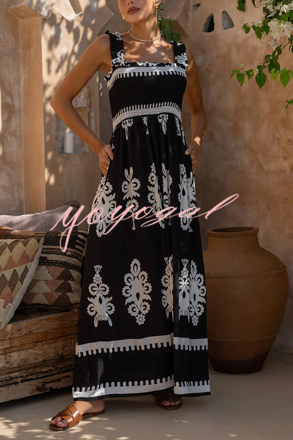 National Boho Style Unique Print Smocked Bust Wide Strap Pocket Maxi Dress