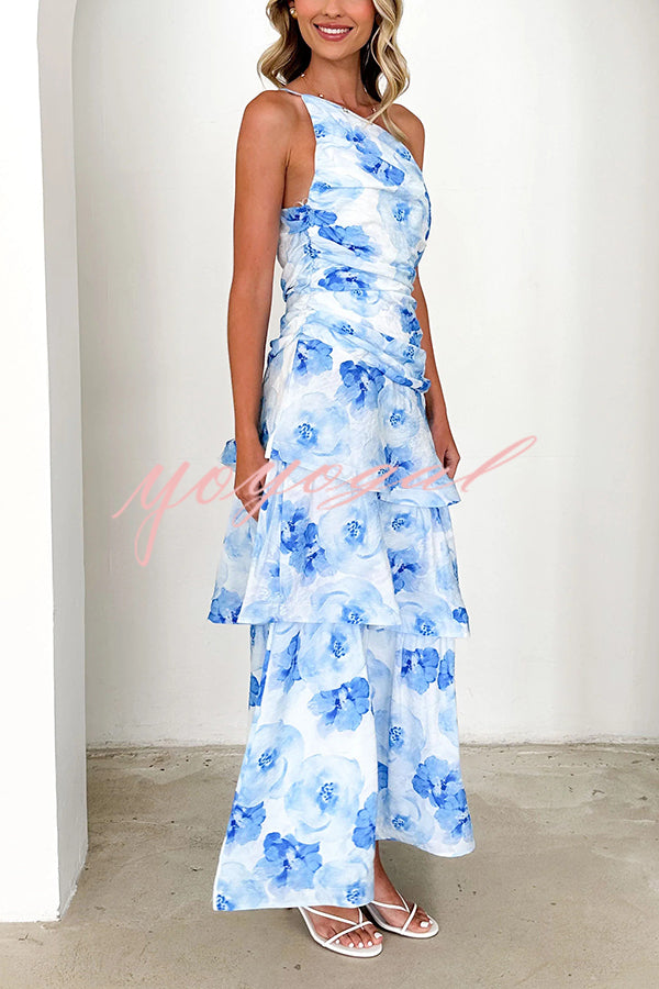 Romantic Season Flower Print One Shoulder Ruched Tiered Maxi Dress