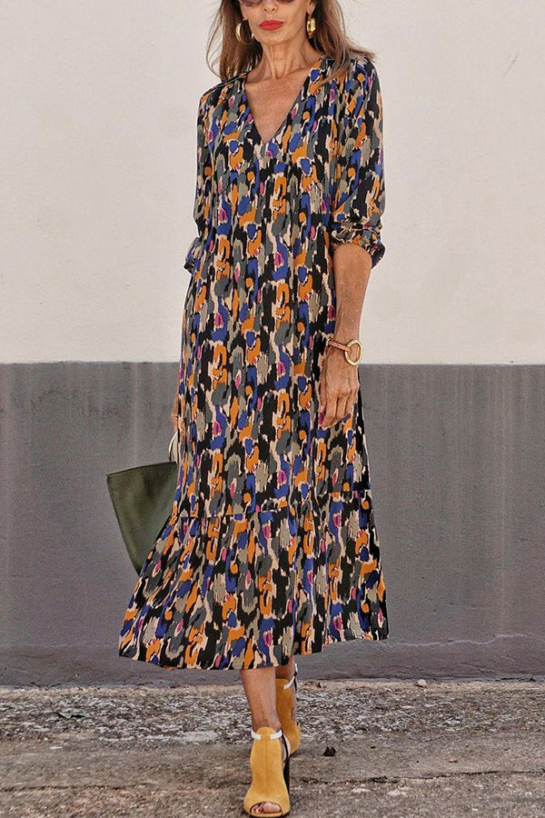 Multicolor Color Block Print V-neck Loose Resort Midi Dress