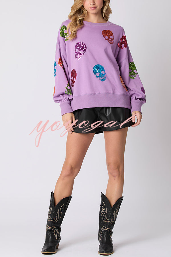 Halloween Skull Sequin Loose Casual Sweatshirt