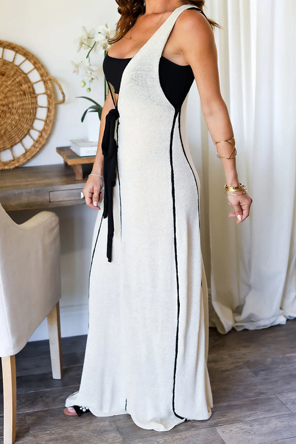 Boat Date Knit Contrast Self Tie Flowy Oversized Maxi Dress