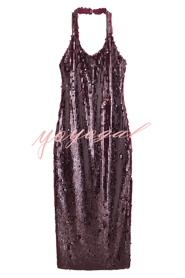 Night Glow Disc Sequin Halter Backless Slit Midi Dress