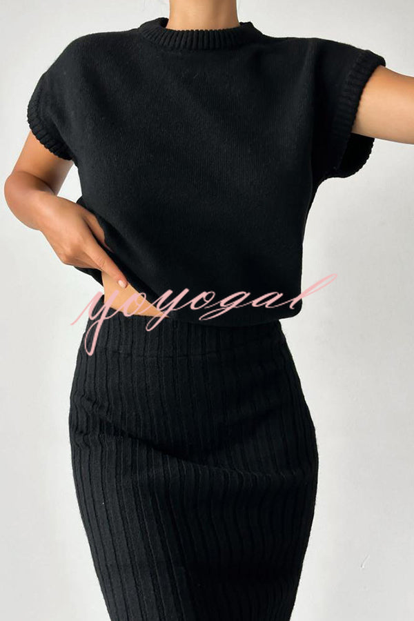 Triko Knit Short Sleeve Sweater and Stretch Ribbed Midi Skirt Set