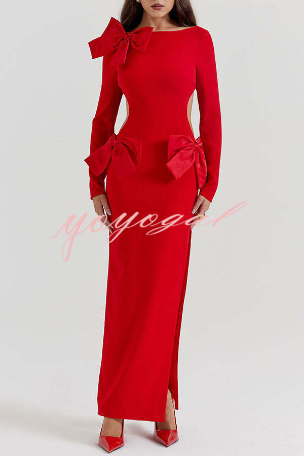 Lovely Bow Cutout Button Back Zipper Long Sleeve Maxi Dress