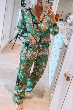 Quiet Jungle Satin Unique Print Long Sleeve Shirt and Elastic Waist Pocket Lounge Pants Set