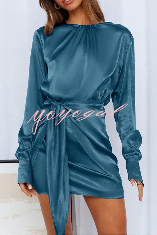 Satin Round Neck Long Sleeve Elastic Tie Mini Dress