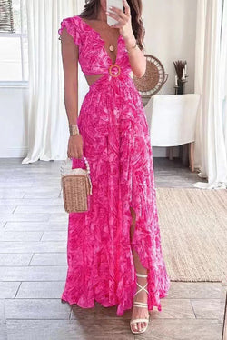 Boldest Bloom Floral Printed Ruffle Sleeve Cutout Maxi Dress