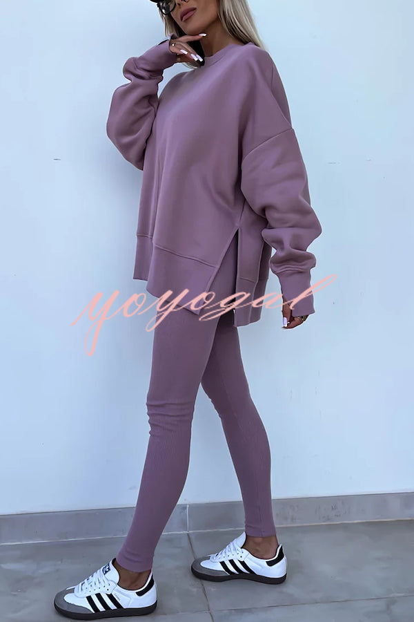 Solid Color Loose Long Sleeve SlitSweatshirt and Elastic Waist Tight Pants Set