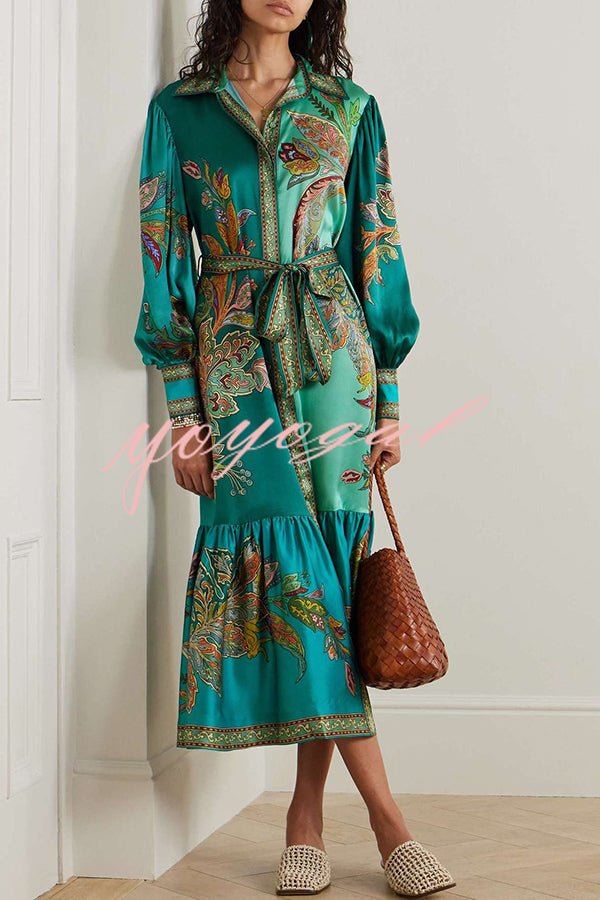 Resort Style satin Unique Printed Lapel Lantern Sleeve Lace-up Midi Dress