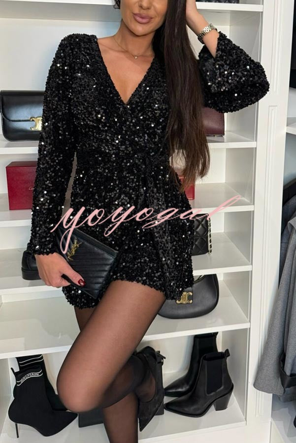 Dancing Queen Sequin Long Bell Sleeve Elastic Waist Tie-up Loose Romper