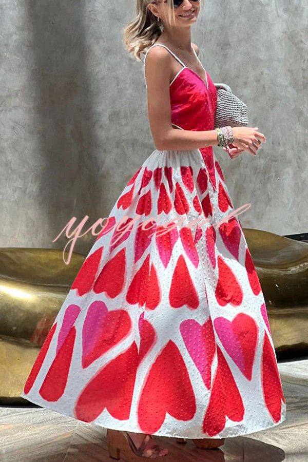 Full of Love Heart Shape Print Cutout Spaghetti Strap Backless Maxi Dress