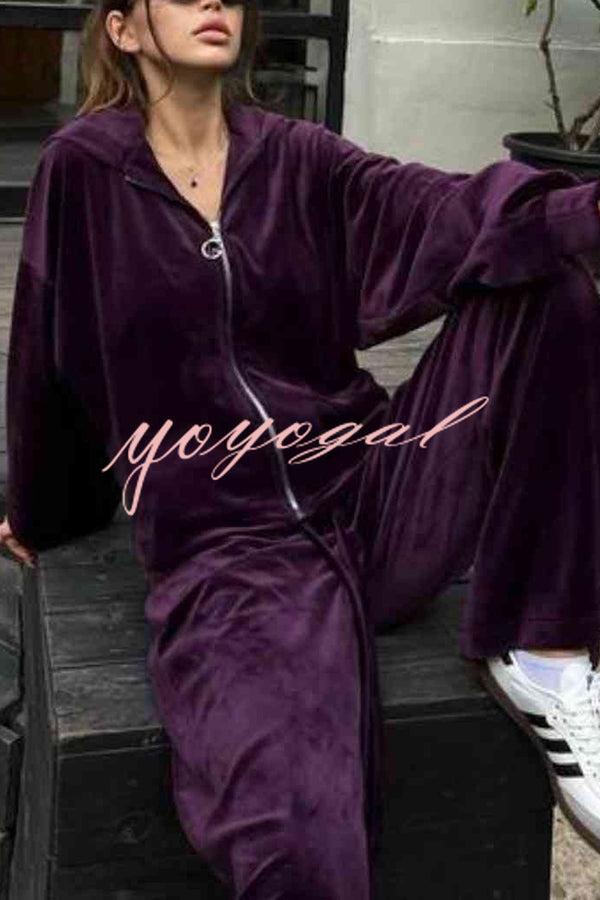 Velvet Casual Zip-up Hooded Top and Elastic Waist Wide Leg Pants Set