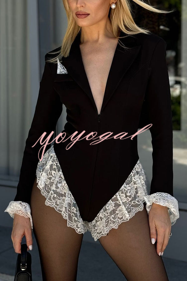 Full of Design Lace Trim Long Sleeve Lapel Blazer Romper