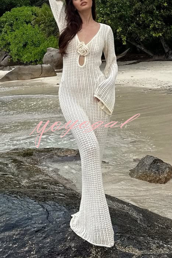 Bahamas Knit Long Bell Sleeve Sexy Backless Holiday Cover-up Maxi Dress