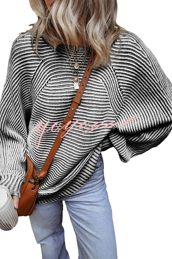 Knitted Striped Round Neck Dolman Sleeve Casual Loose Sweater